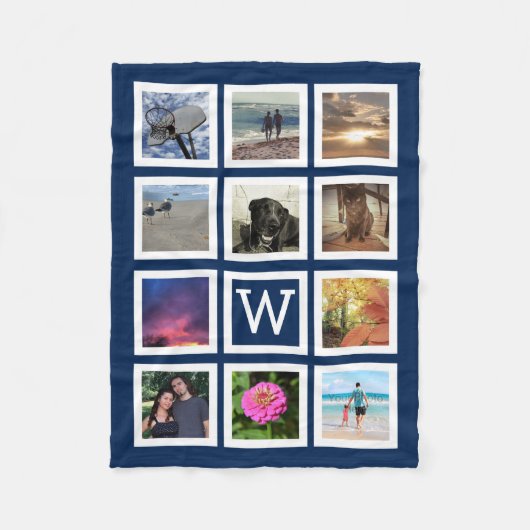 Blue 11 Photo Collage Mosaic Square Lijst Monogram Fleece Deken (Voorkant)