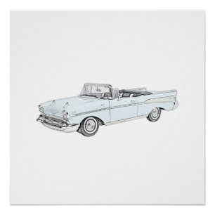 Blue 1957 Chevy Bel Air Convertible Illustration Perfect Poster