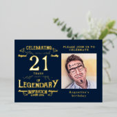 Blue 21st Birthday  Gold Folie Uitnodiging (Staand Voorkant)