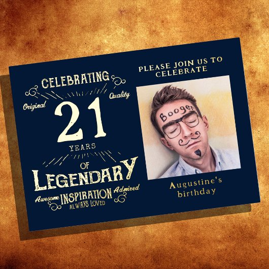 Blue 21st Birthday  Gold Folie Uitnodiging