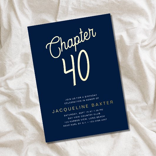Blue 40th Birthday Gold Script Chapter 40 Party Folie Uitnodiging