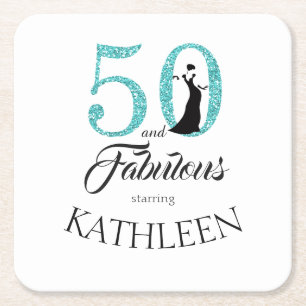Blue 50 en Fabulous Birthday Party Custom Name Vierkante Kartonnen Onderzetter