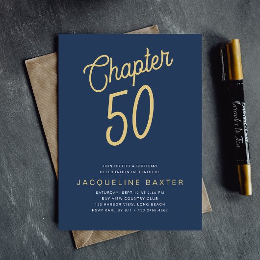 Blue 50th Birthday Gold Script 50 Kaart