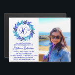 Blue 90th Birthday Party Photo Invitation Magnet<br><div class="desc">Blue Wreath 90th Birthday Party Photo Invitation Magnet Personnalisez cette élégante invitation de fête Blue Wreath avec le nom et la photo de la personne célébrant un jour très spécial dans leur vie. Un 90e anniversaire est une étape importante à célébrer. Marquez l'occasion en organisant une fête et en envoyant...</div>
