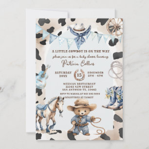 Blue A Little Cowboy Country Western Baby shower Kaart