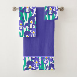 Blue Abstract Iris Floral Pattern Border Bad Handdoek