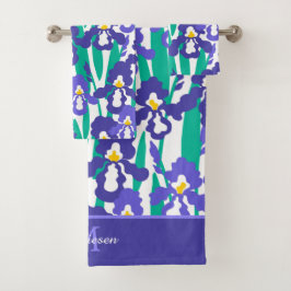 Blue Abstract Iris Floral Pattern Monogram Bad Handdoek