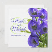 Blue Aconitum fleurs mariage carré lin invitation (Devant / Derrière)
