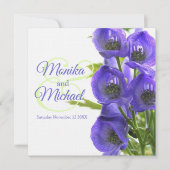 Blue Aconitum fleurs mariage carré lin invitation (Devant)