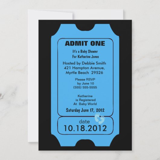 Blue Admission Ticket Baby shower Invitation Kaart (Voorkant)