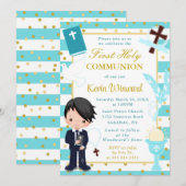 Blue African American Boy First Heilige Communie Kaart (Voorkant / Achterkant)