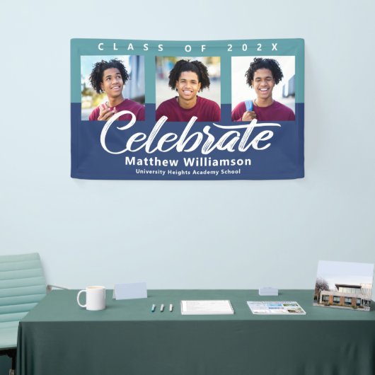 Blue Afstuderen 3 Photo Bold Script Modern Minimal Spandoek (Beurs)