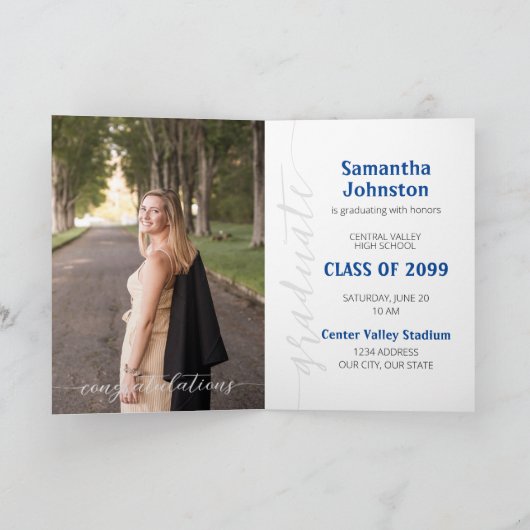 Blue Afstuderen Script Modern Photo Invitation (Binnen)
