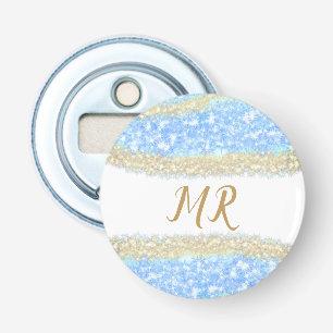 Blue Agaat Gold Glitter Sparkle Monogram Naam Teks Button Flesopener