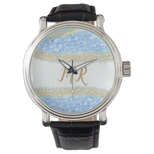 Blue Agaat Gold Glitter Sparkle Monogram Naam Teks Horloge