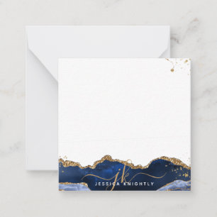 Blue Agate Elegant Script Monogram Gold Glitter Notitiekaartje
