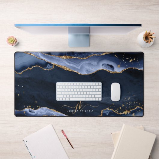 Blue Agate Geode Gold Parties scintillant Script M (Bureau 1)