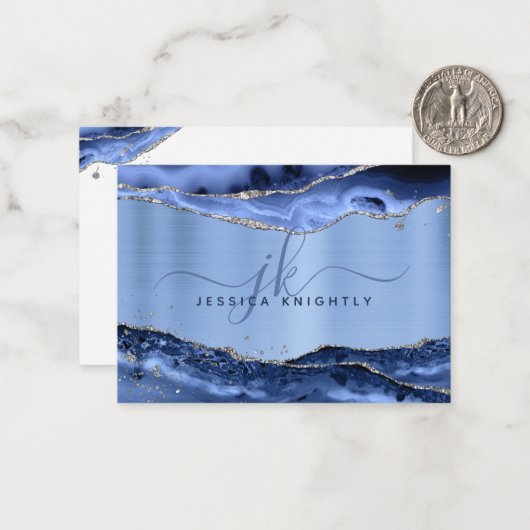 Blue Agate Geode Metallic Glitter Script Monogram Notitiekaartje (Voorkant / Achterkant in situ)