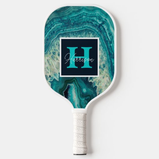 Blue Agate Geode Monogram & Name Persoonlijk Pickleball Paddle (Voorkant)