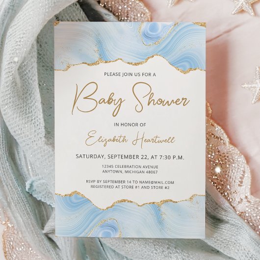 Blue Agate Gold Glitter Boy Baby shower Invitation