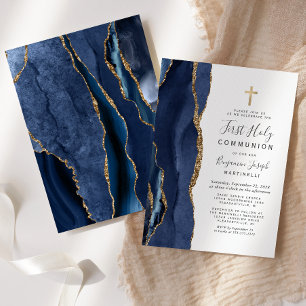 Blue Agate Gold Glitter First Heilige Communie Kaart