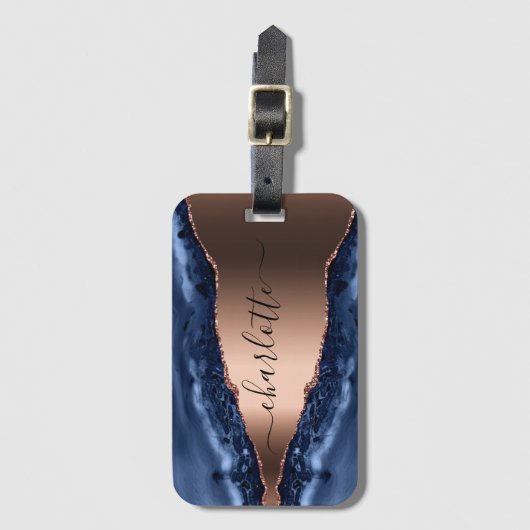 Blue agate marble roos gold name script bagagelabel (Voorkant (verticaal))