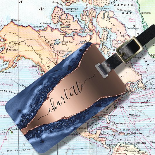 Blue agate marble roos gold name script bagagelabel