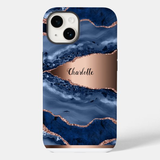 Blue agate marble roos gold name script Case-Mate iPhone case (Achterkant)