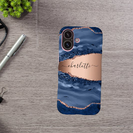 Blue agate marble roos gold name script iPhone 16 hoesje