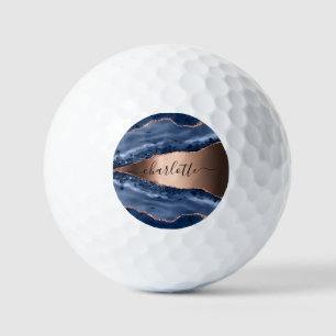 Blue agate marble roos gold name script golfballen