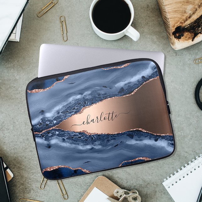 Blue agate marble roos gold name script laptop sleeve (Creator heeft geüpload)