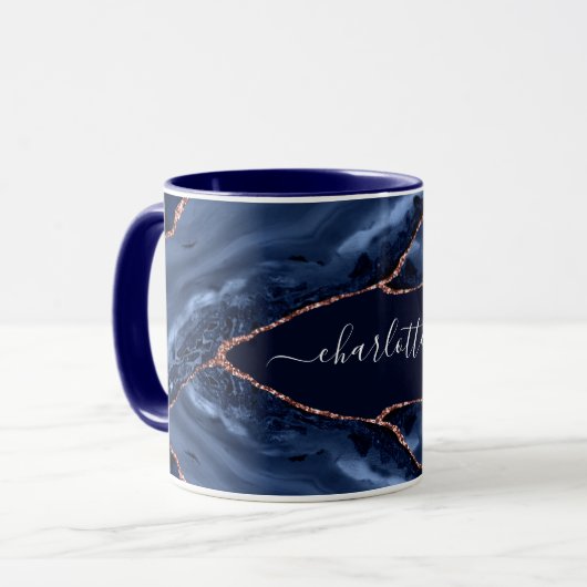 Blue agate marble roos gold name script mok (Voorkant links)