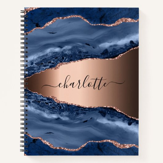 Blue agate marble roos gold name script notitieboek (Voorkant)