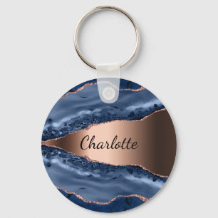 Blue agate marble roos gold name script sleutelhanger