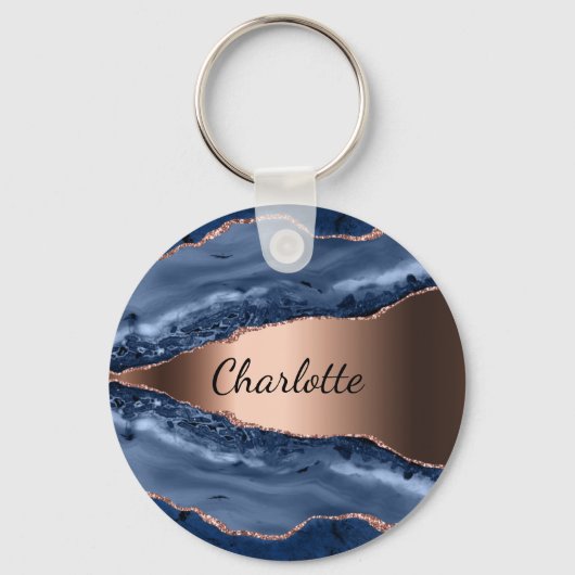 Blue agate marble roos gold name script sleutelhanger (Voorkant)