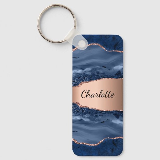 Blue agate marble roos gold name script sleutelhanger (Voorkant)