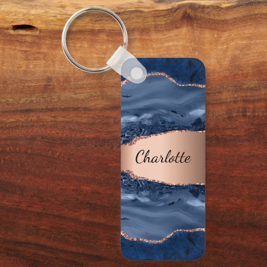 Blue agate marble roos gold name script sleutelhanger (Voorkant)