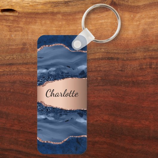 Blue agate marble roos gold name script sleutelhanger (Achterkant)
