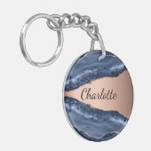 Blue agate marble roos gold name script sleutelhanger (Voorkant Links)