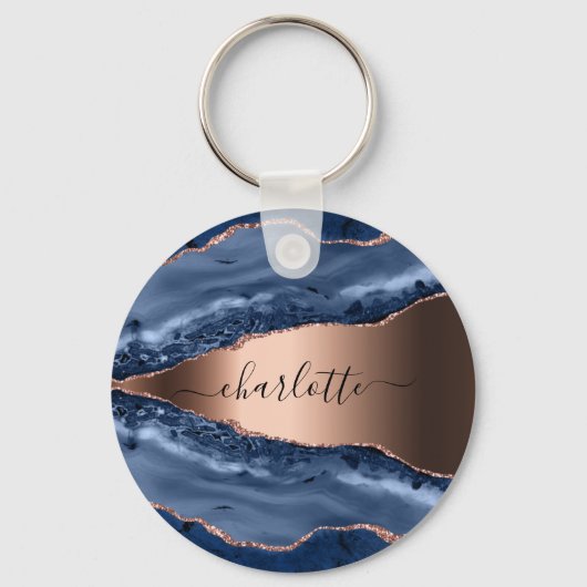 Blue agate marble roos gold name script sleutelhanger (Achterkant)