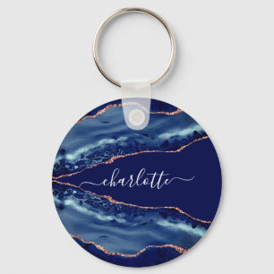 Blue agate marble roos gold name script sleutelhanger