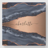 Blue agate marble roos gold name script stenen onderzetter (Voorkant)
