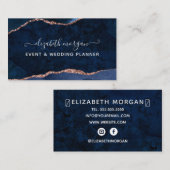 Blue Agate Marble Roos Gold Waterverf Script Visitekaartje (Voorkant / Achterkant)