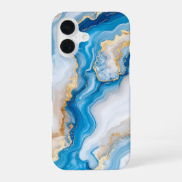 Blue Agate Marble with Gold Veins – Elegant iPhone 16 Hoesje