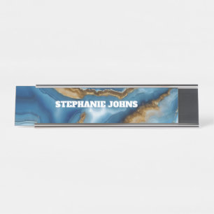 Blue Agate Monogram Turquoise Gold Custom Name Bureau Naambordje