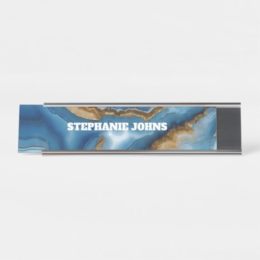 Blue Agate Monogram Turquoise Gold Custom Name Bureau Naambordje (Voorkant)