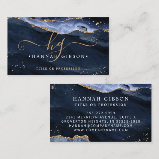 Blue Agate Script Monogram Faux Gold Glitter Visitekaartje (Voorkant / Achterkant)