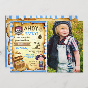 Blue Ahoy Treasure Map Boys Pirate Photo Birthday Kaart