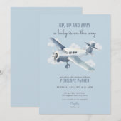 Blue Airplane Baby shower Invitation Kaart (Voorkant / Achterkant)