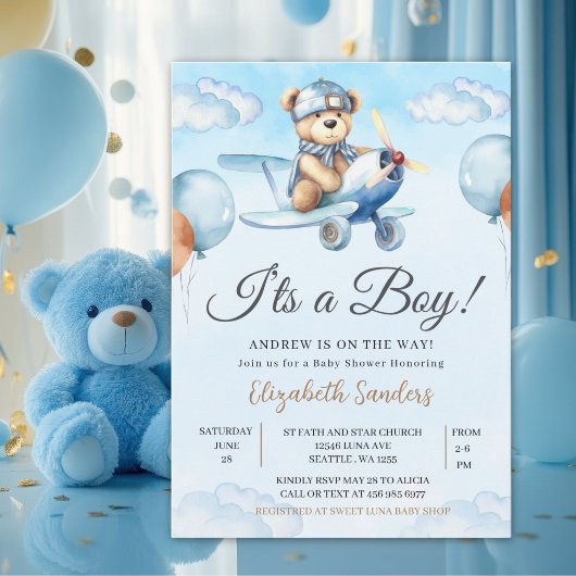 Blue Airplane Teddy Bear Baby Shower Invitation
